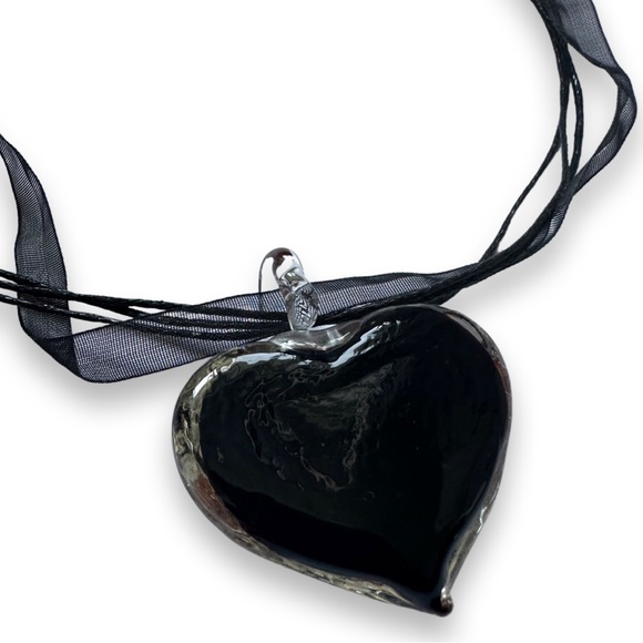 Blown Glass Heart with Orange Flower Medallion Black Cord and Lace Necklace - Picture 4 of 7